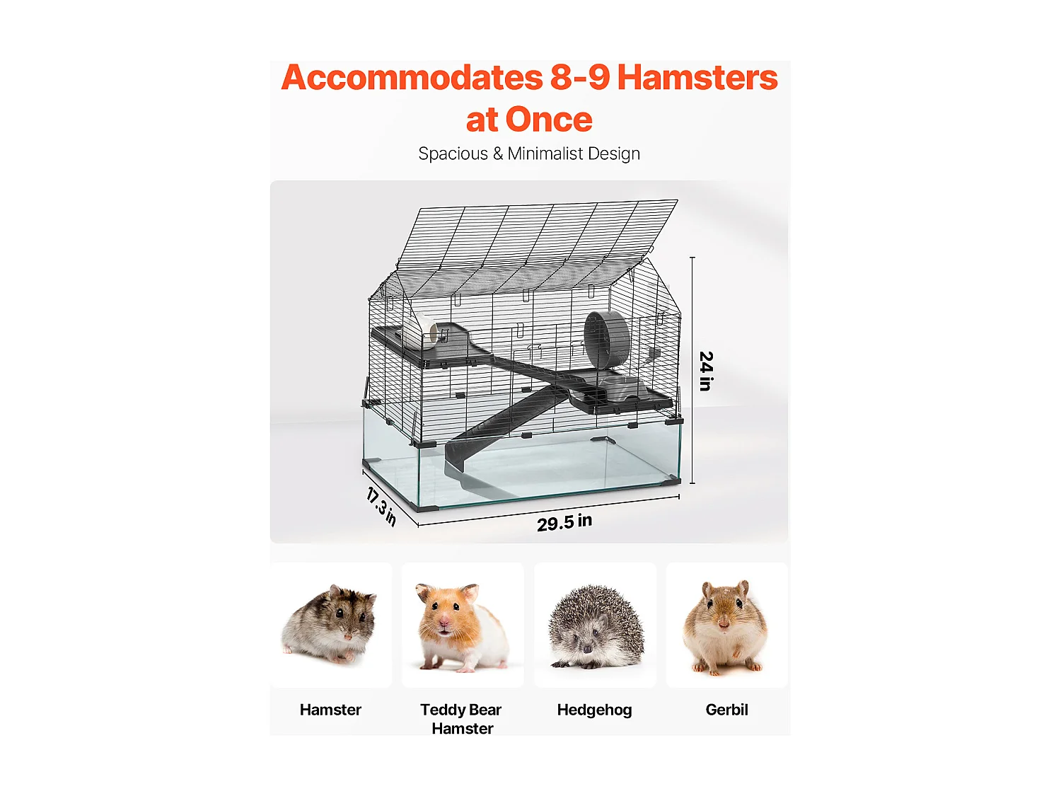 Cage Rongeur Hamster, SucceBuy Cage pour Hamster, Habitat Transparent avec Vue à 360°, 75 x 44 x 61 cm, Spacieuse pour Petits Animaux, avec Accessoires