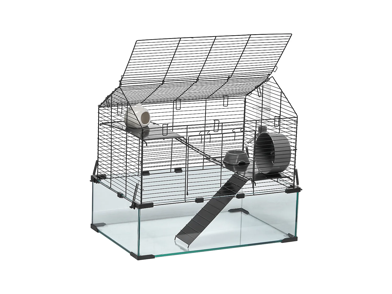 Cage Rongeur Hamster, SucceBuy Cage pour Hamster, Habitat Transparent, 58.9 x 38.1 x 54.9 cm, Cage Ventilée pour Petits Animaux avec Bouteille