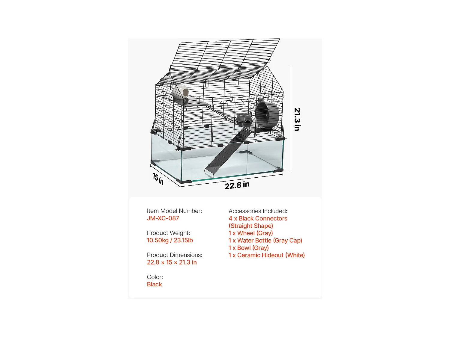 Cage Rongeur Hamster, SucceBuy Cage pour Hamster, Habitat Transparent, 58.9 x 38.1 x 54.9 cm, Cage Ventilée pour Petits Animaux avec Bouteille