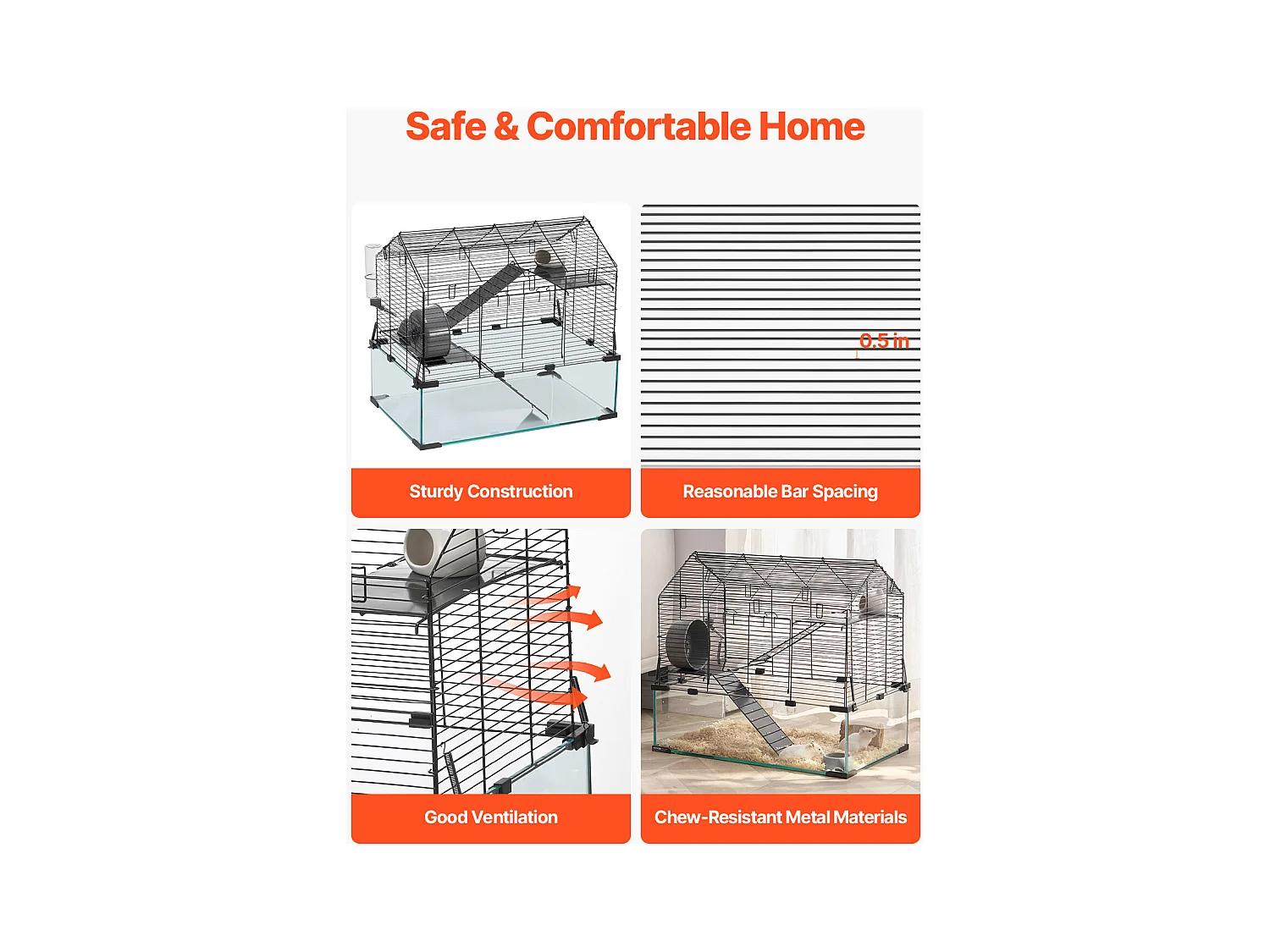Cage Rongeur Hamster, SucceBuy Cage pour Hamster, Habitat Transparent, 58.9 x 38.1 x 54.9 cm, Cage Ventilée pour Petits Animaux avec Bouteille