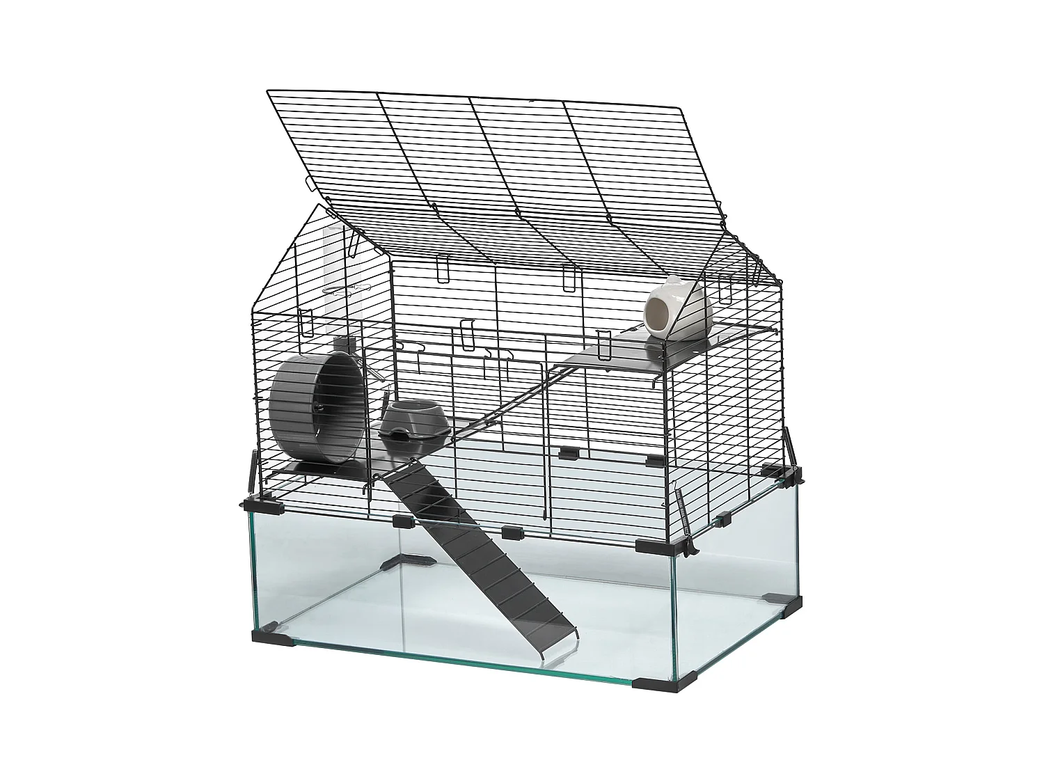 Cage Rongeur Hamster, SucceBuy Cage pour Hamster, Habitat Transparent, 58.9 x 38.1 x 54.9 cm, Cage Ventilée pour Petits Animaux avec Bouteille