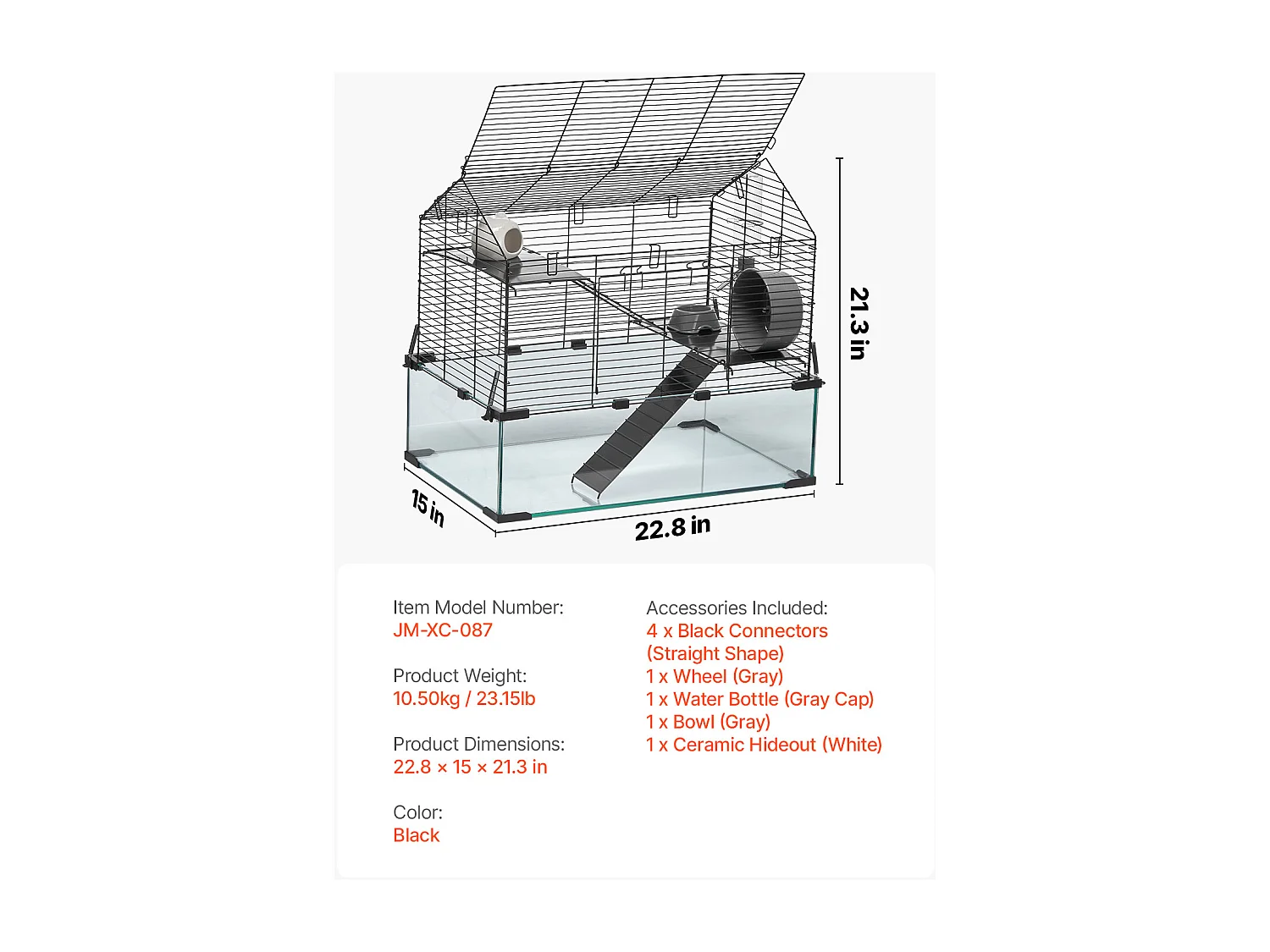Cage Rongeur Hamster, SucceBuy Cage pour Hamster, Habitat Transparent, 58.9 x 38.1 x 54.9 cm, Cage Ventilée pour Petits Animaux avec Bouteille
