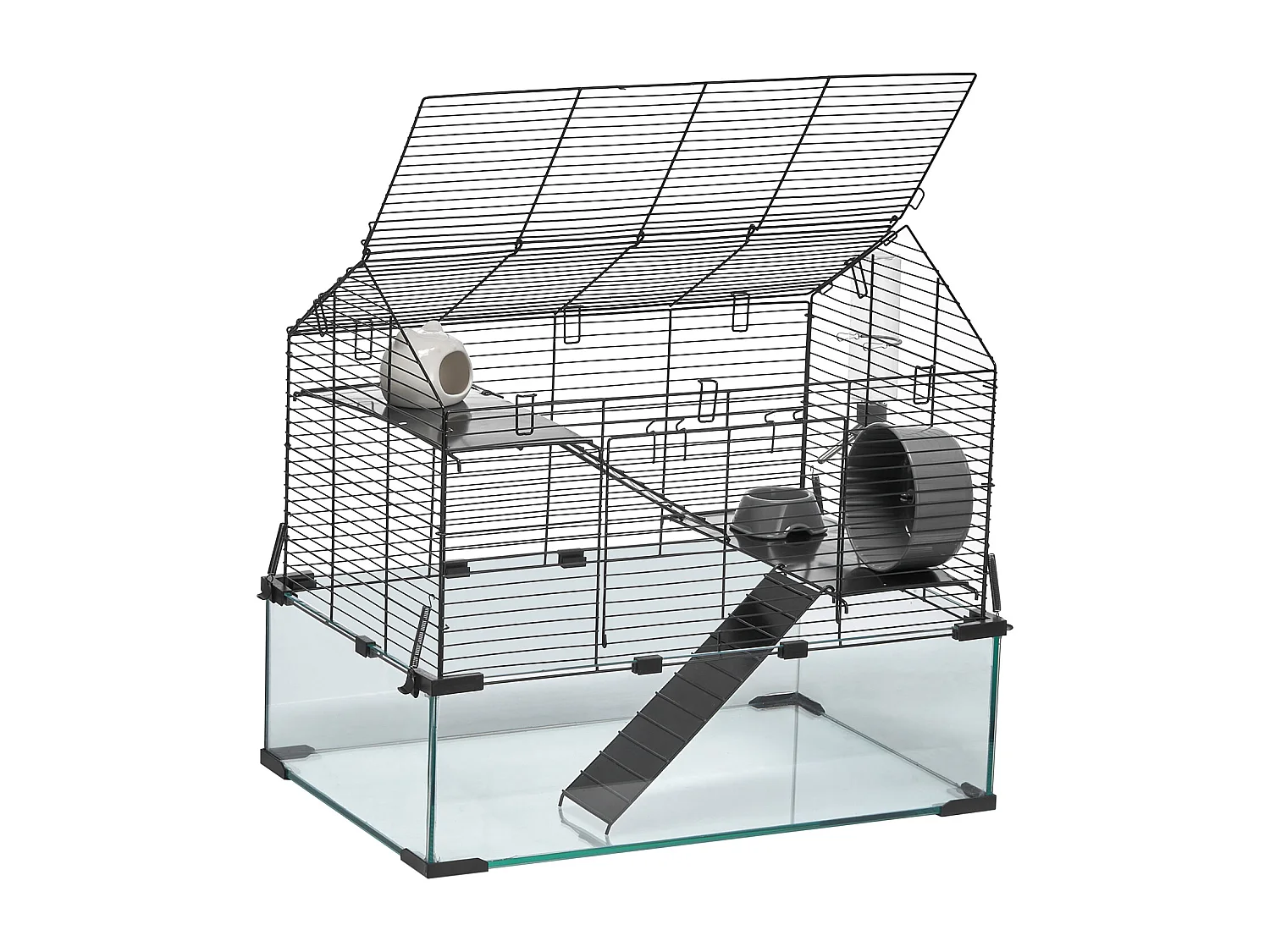 Cage Rongeur Hamster, SucceBuy Cage pour Hamster, Habitat Transparent, 58.9 x 38.1 x 54.9 cm, Cage Ventilée pour Petits Animaux avec Bouteille