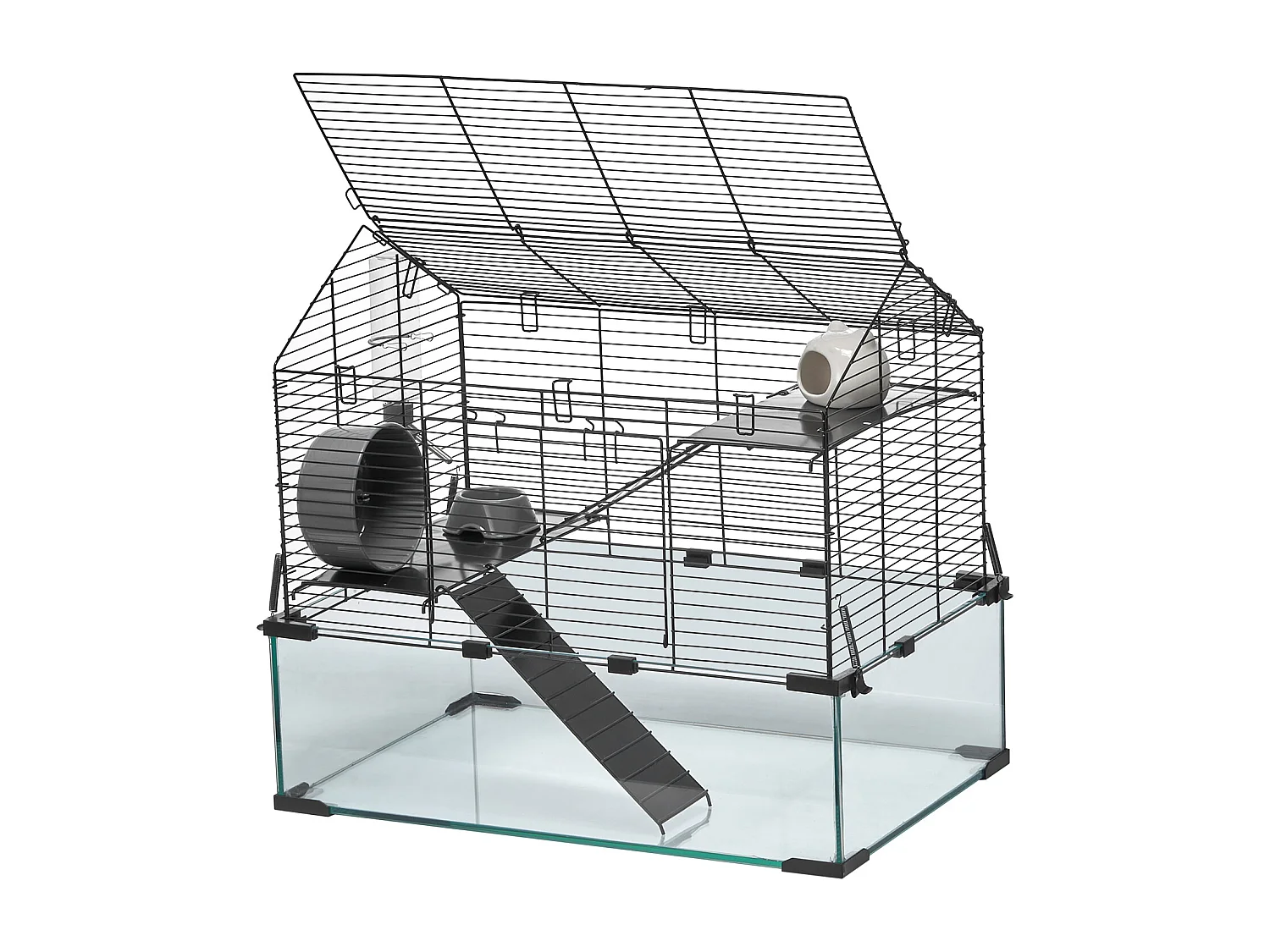 Cage Rongeur Hamster, SucceBuy Cage pour Hamster, Habitat Transparent, 58.9 x 38.1 x 54.9 cm, Cage Ventilée pour Petits Animaux avec Bouteille