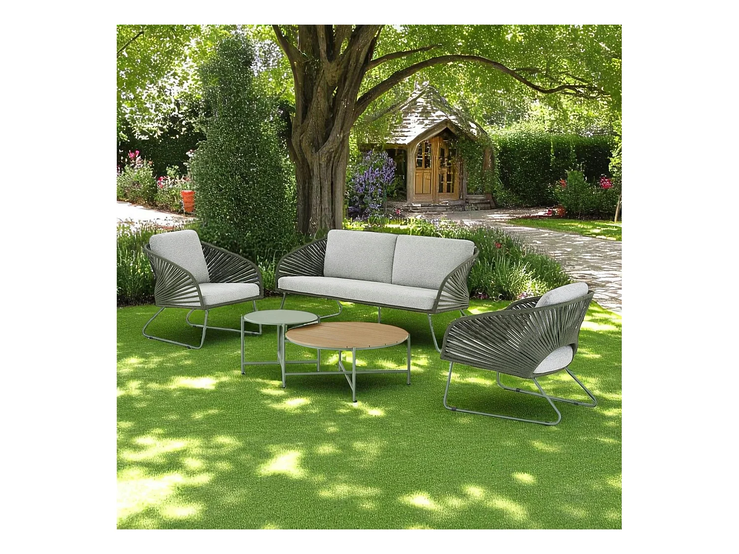 Salon de jardin 4 places avec tables basses, couleur verte MENDOZA