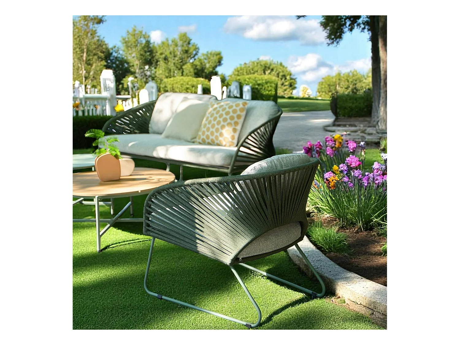 Salon de jardin 4 places avec tables basses, couleur verte MENDOZA