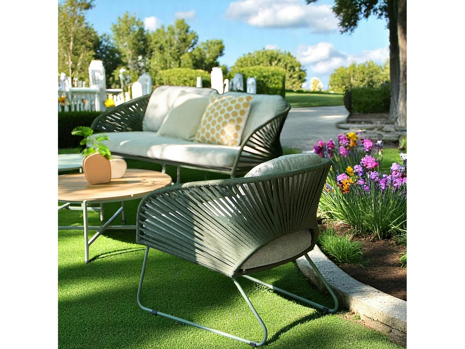 Salon de jardin 4 places avec tables basses, couleur verte MENDOZA