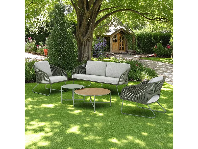 Salon de jardin 4 places avec tables basses, couleur verte MENDOZA