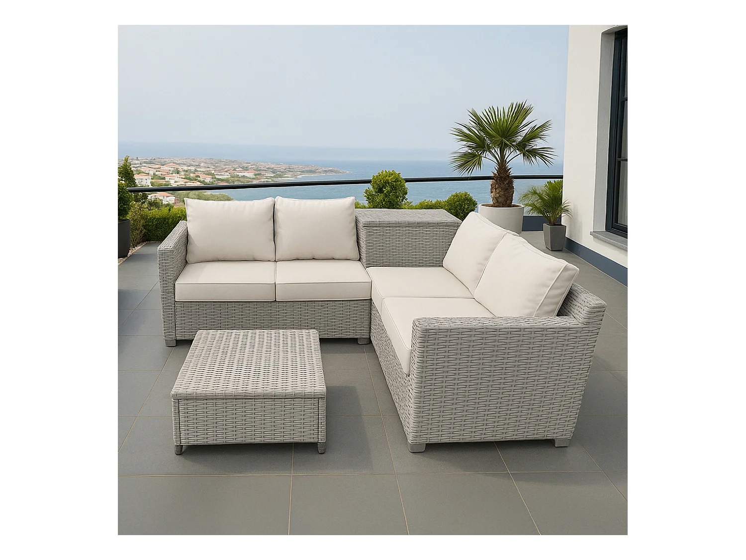 Salon de jardin d'angle 4 places en résine tressée avec coffre de rangement gris et beige ABACOS