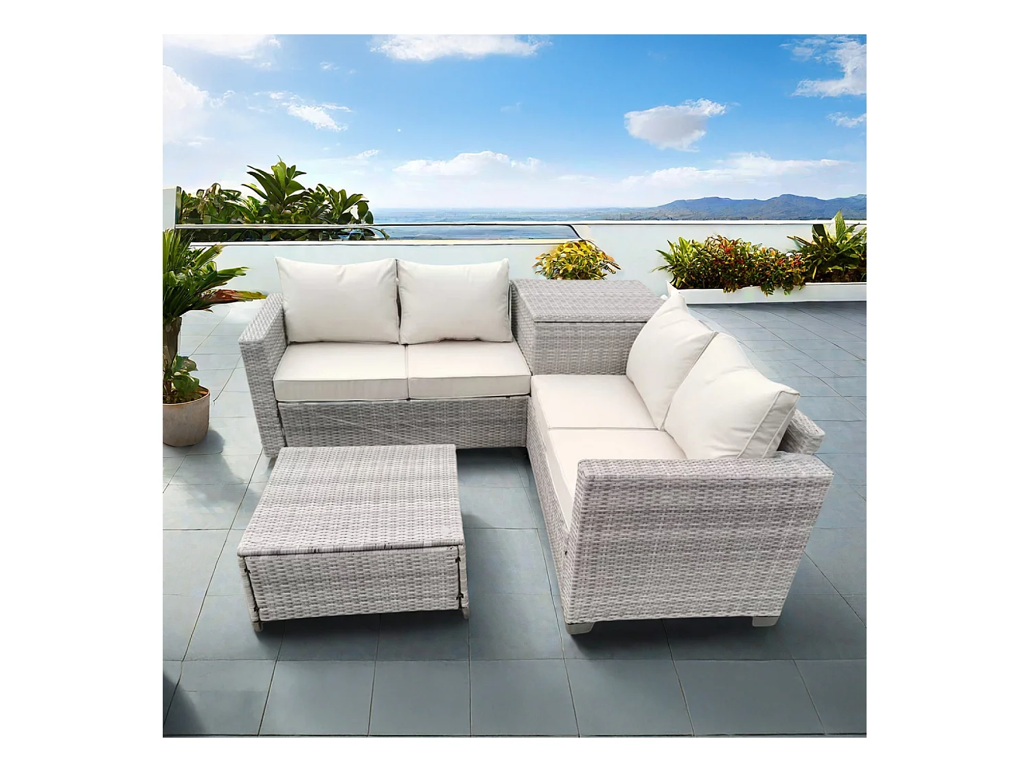 Salon de jardin d'angle 4 places en résine tressée avec coffre de rangement gris et beige ABACOS