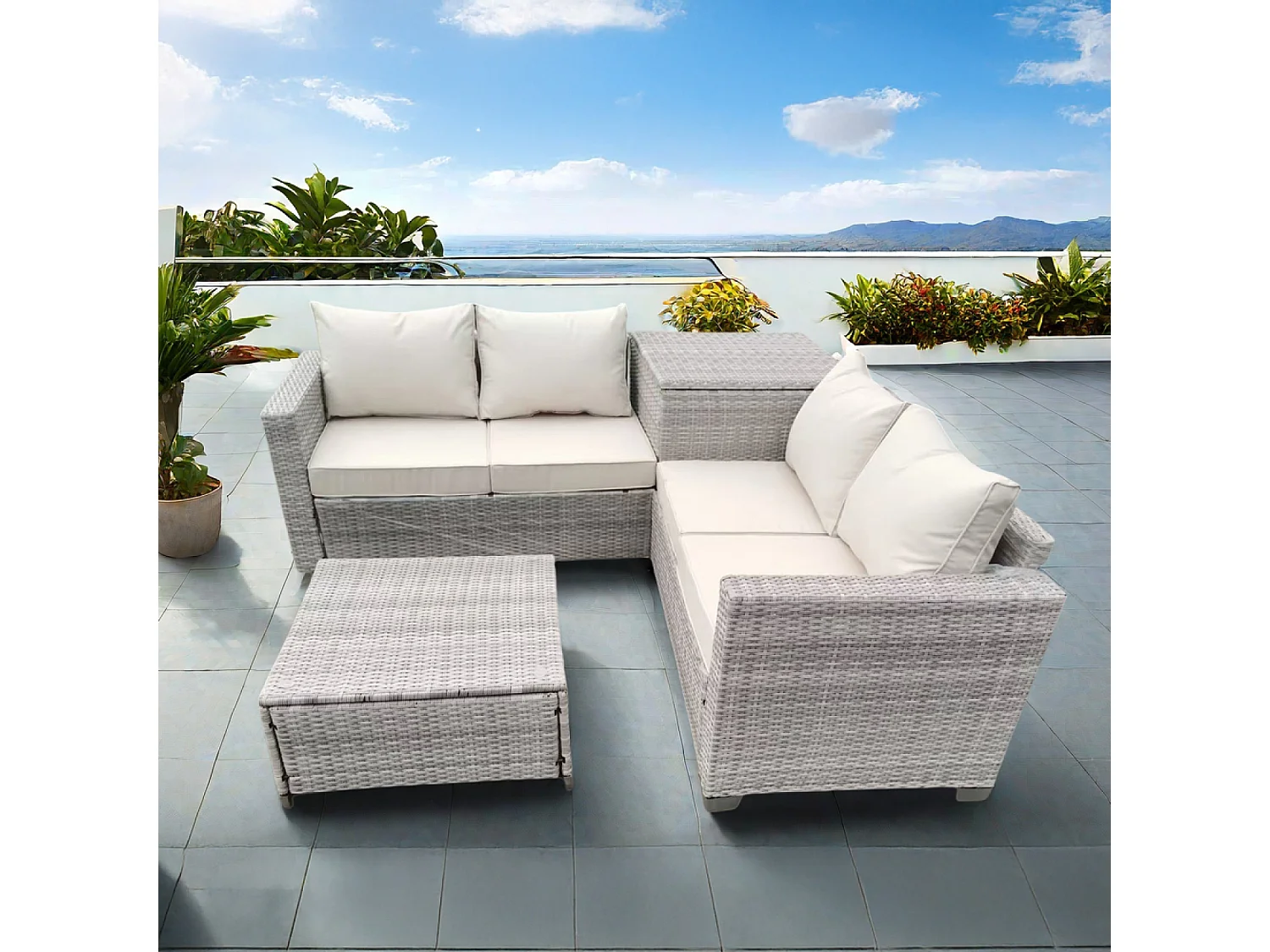 Salon de jardin d'angle 4 places en résine tressée avec coffre de rangement gris et beige ABACOS