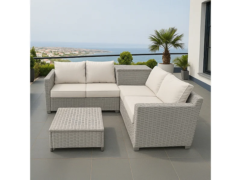 Salon de jardin d'angle 4 places en résine tressée avec coffre de rangement gris et beige ABACOS