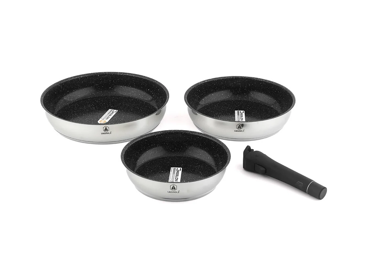 Set de 3 poêles inox amovible 20/24/28cm antiadhésif - "Réactif"