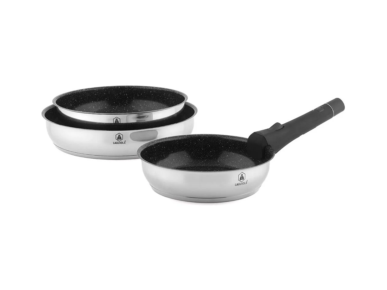 Set de 3 poêles inox amovible 20/24/28cm antiadhésif - "Réactif"