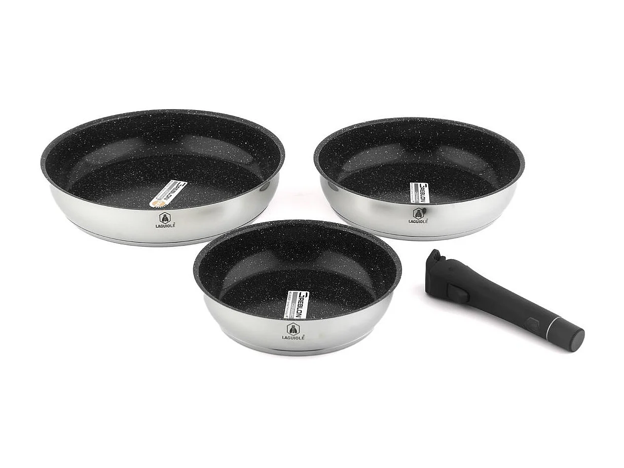 Set de 3 poêles inox amovible 20/24/28cm antiadhésif - "Réactif"
