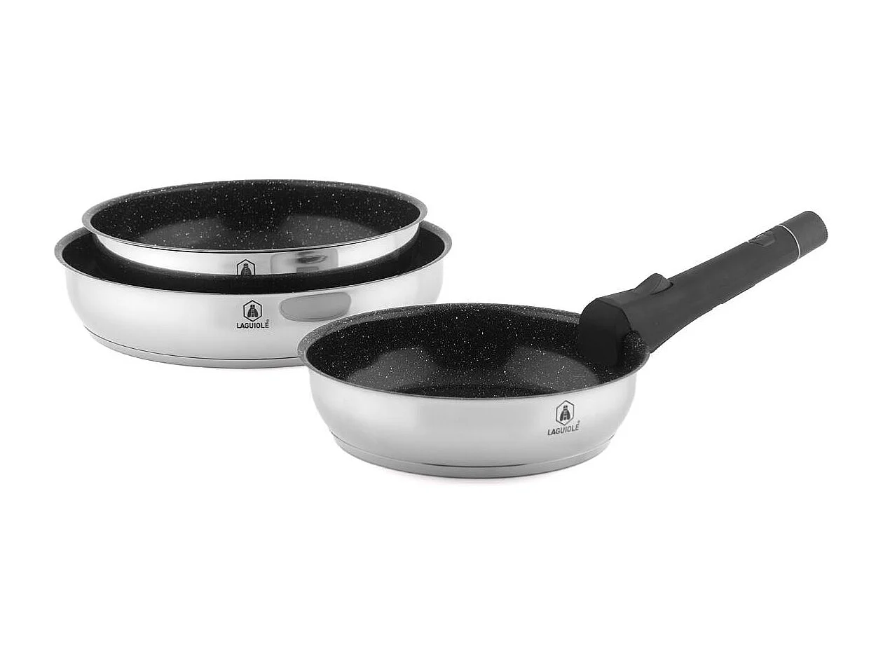 Set de 3 poêles inox amovible 20/24/28cm antiadhésif - "Réactif"