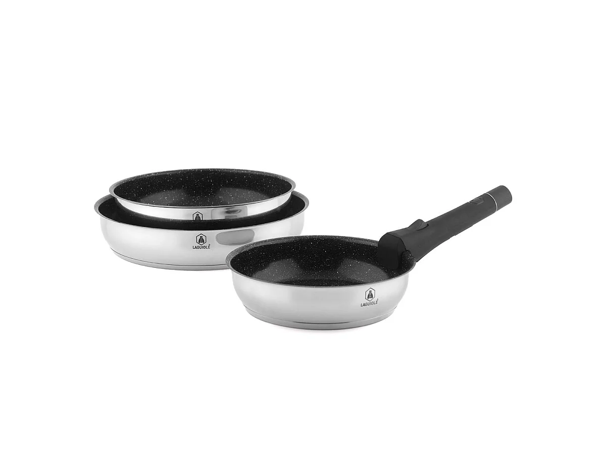 Set de 3 poêles inox amovible 20/24/28cm antiadhésif - "Réactif"
