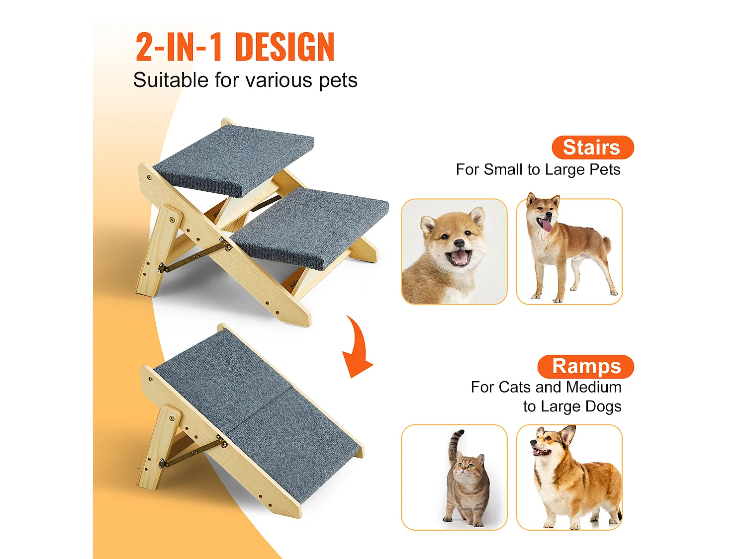 Scale per Cani, SucceBuy Scale in Legno per Animali Domestici 2 Gradini 2 in 1 Pieghevoli, Capacità 50 kg