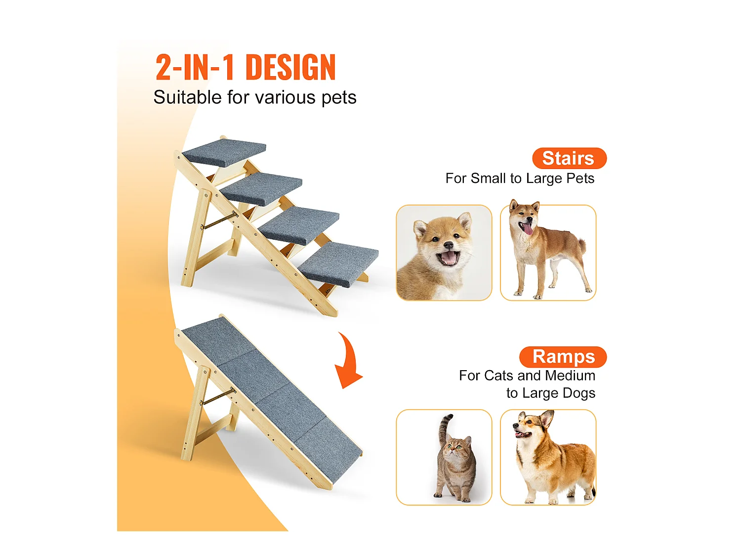Escaliers pour Chiens, SucceBuy Pet Step Escalier en Bois Pliable pour Animaux de Compagnie à 4 Marches 2 en 1, 68 kg