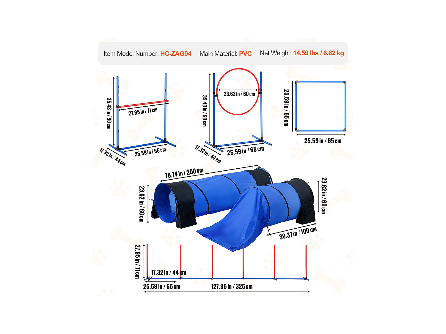 Kit d'Agilité, SucceBuy Dog Agility Training Equipment, Ensemble de 7 Pièces avec Haies, 2 Tunnels et Cercau de Saut