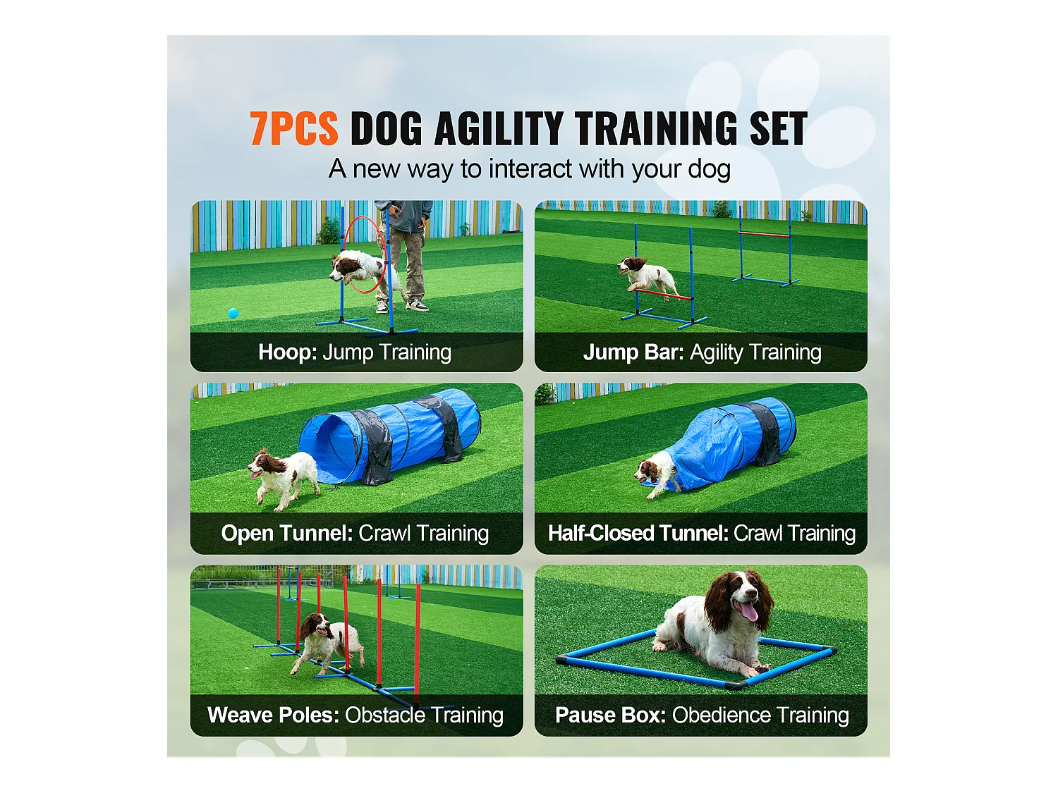 Kit d'Agilité, SucceBuy Dog Agility Training Equipment, Ensemble de 7 Pièces avec Haies, 2 Tunnels et Cercau de Saut