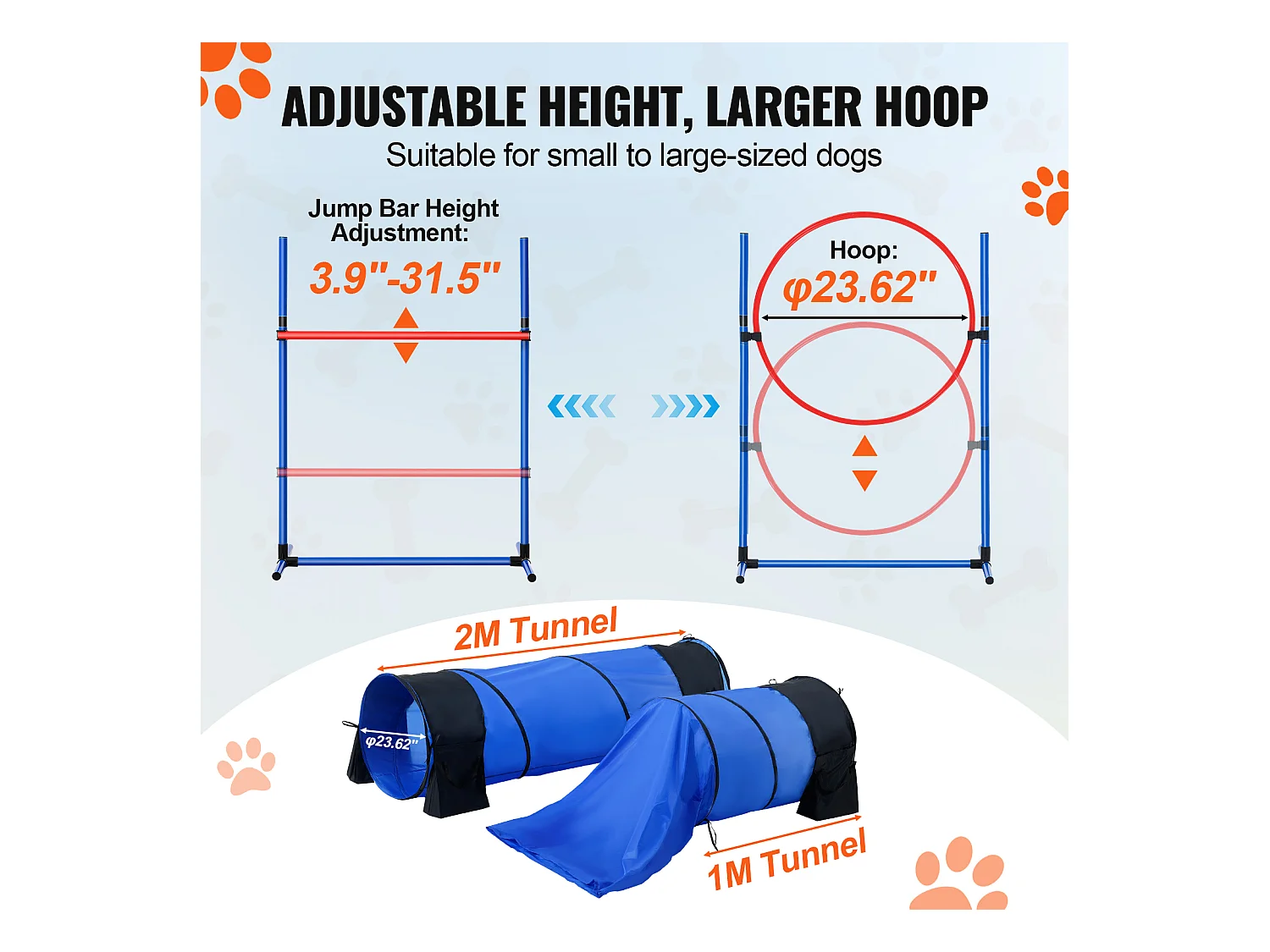 Kit d'Agilité, SucceBuy Dog Agility Training Equipment, Ensemble de 7 Pièces avec Haies, 2 Tunnels et Cercau de Saut