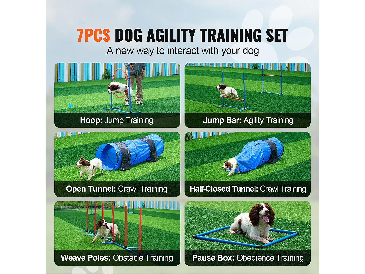 Kit d'Agilité, SucceBuy Dog Agility Training Equipment, Ensemble de 7 Pièces avec Haies, 2 Tunnels et Cercau de Saut