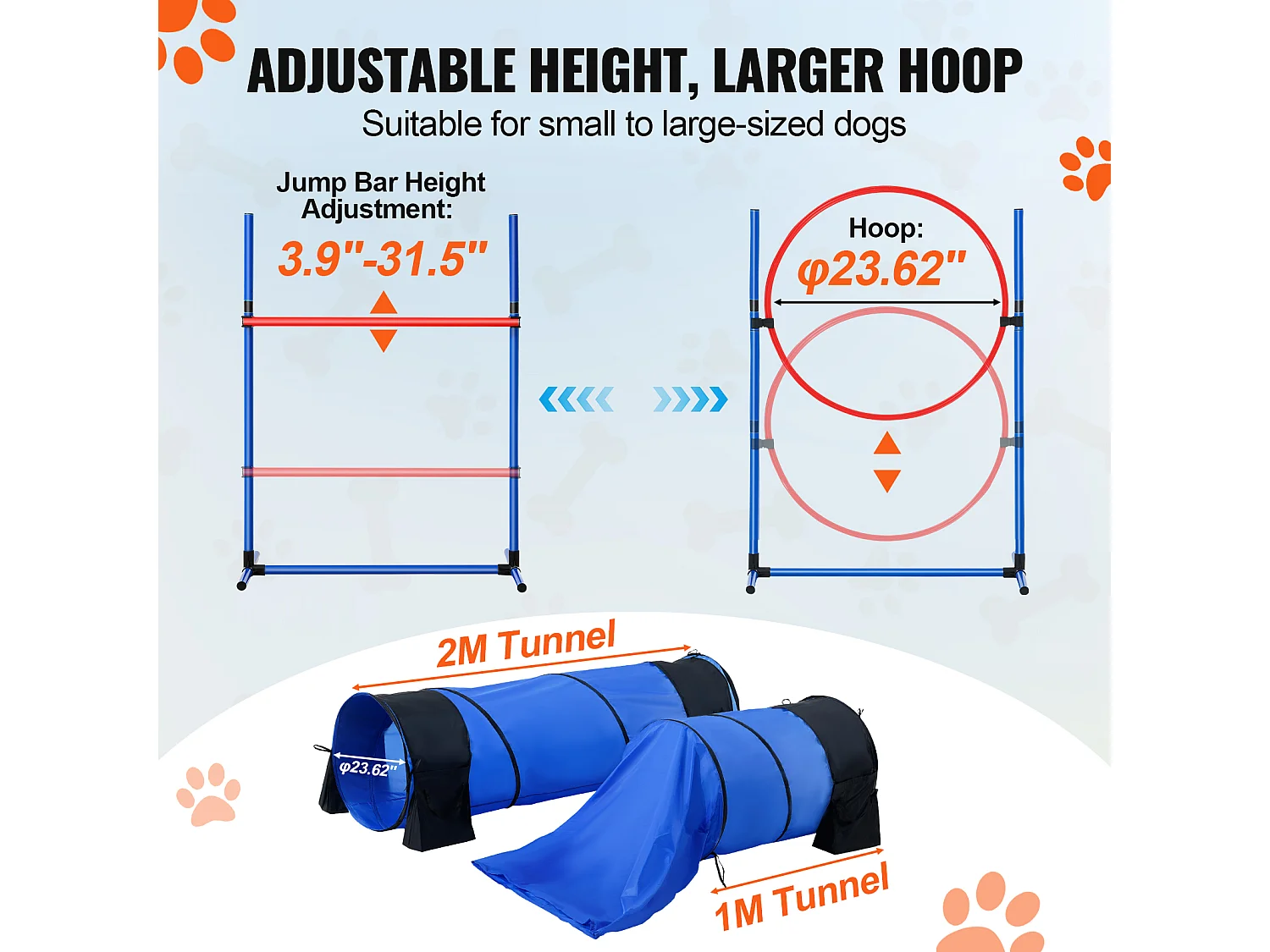 Kit d'Agilité, SucceBuy Dog Agility Training Equipment, Ensemble de 7 Pièces avec Haies, 2 Tunnels et Cercau de Saut