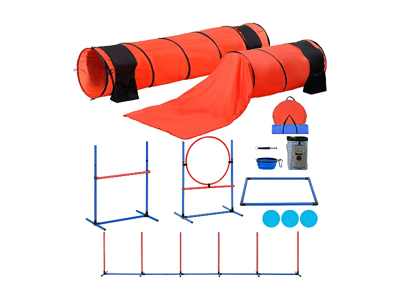 Kit d'Agilité, SucceBuy Équipement d'Entraînement d'Agilité pour Chien, Ensemble de 7 Pièces Amélioré avec Haies Hautes Réglables, 6 Poteaux de Tissage, 2 Tunnels