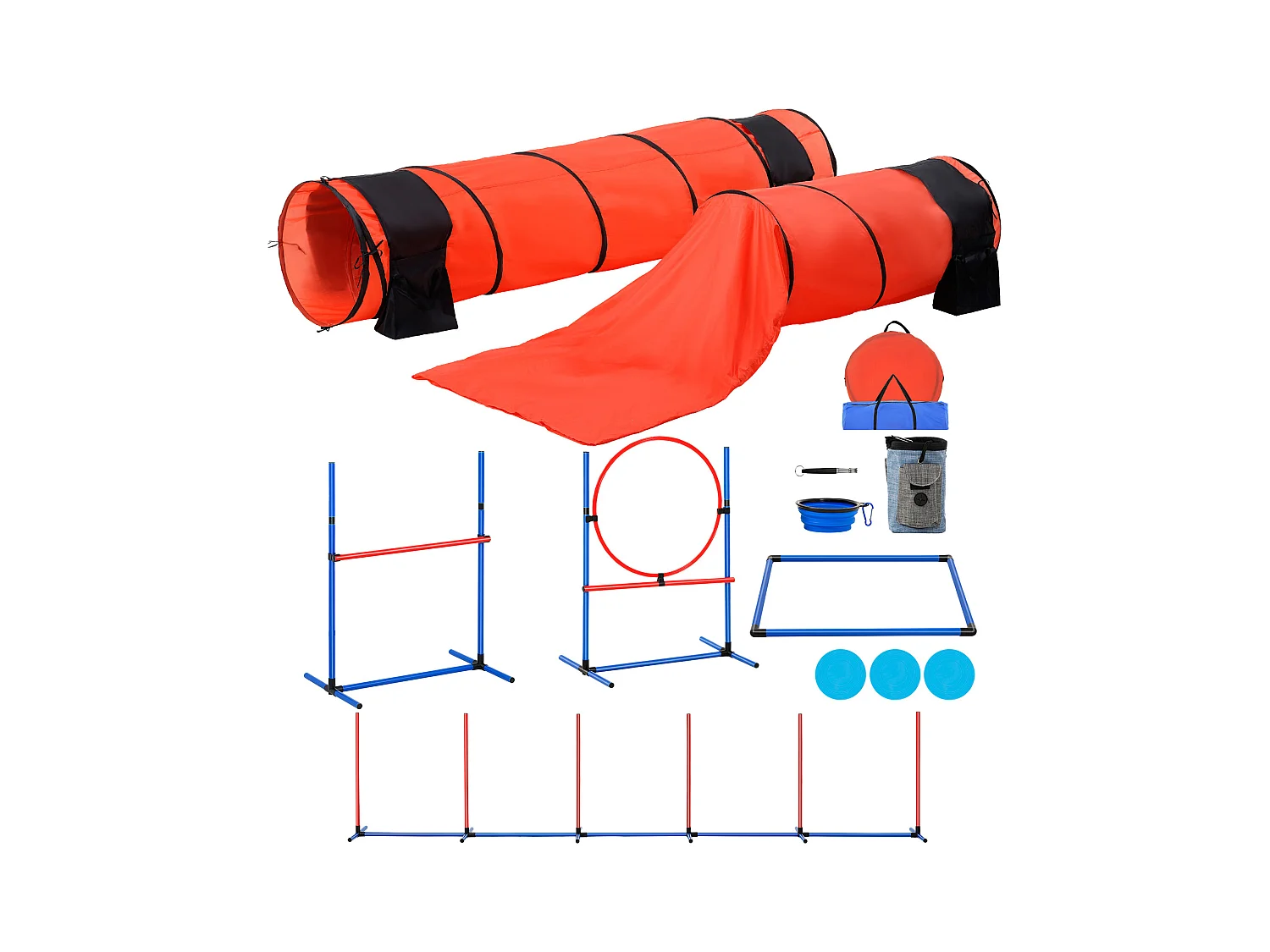 Kit d'Agilité, SucceBuy Équipement d'Entraînement d'Agilité pour Chien, Ensemble de 7 Pièces Amélioré avec Haies Hautes Réglables, 6 Poteaux de Tissage, 2 Tunnels