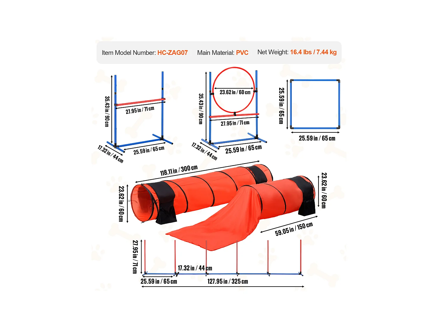 Kit d'Agilité, SucceBuy Équipement d'Entraînement d'Agilité pour Chien, Ensemble de 7 Pièces Amélioré avec Haies Hautes Réglables, 6 Poteaux de Tissage, 2 Tunnels