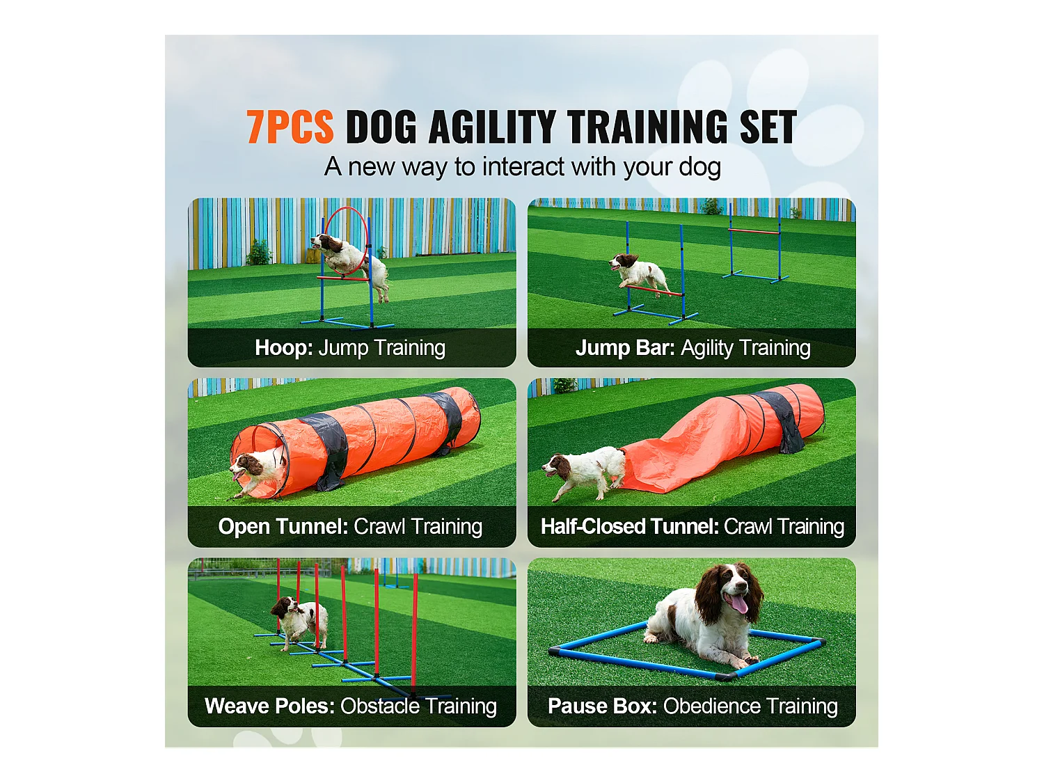 Kit d'Agilité, SucceBuy Équipement d'Entraînement d'Agilité pour Chien, Ensemble de 7 Pièces Amélioré avec Haies Hautes Réglables, 6 Poteaux de Tissage, 2 Tunnels