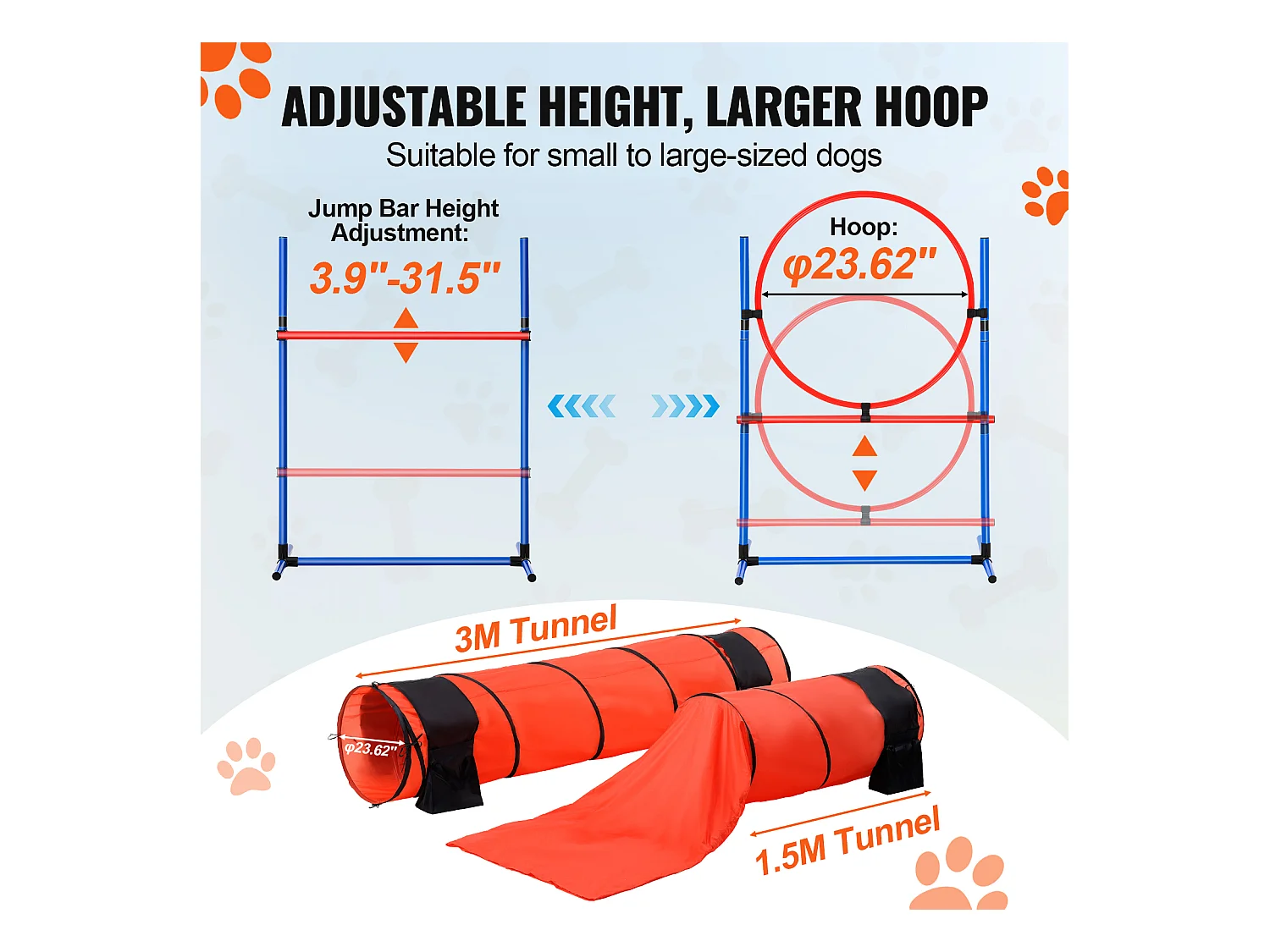 Kit d'Agilité, SucceBuy Équipement d'Entraînement d'Agilité pour Chien, Ensemble de 7 Pièces Amélioré avec Haies Hautes Réglables, 6 Poteaux de Tissage, 2 Tunnels