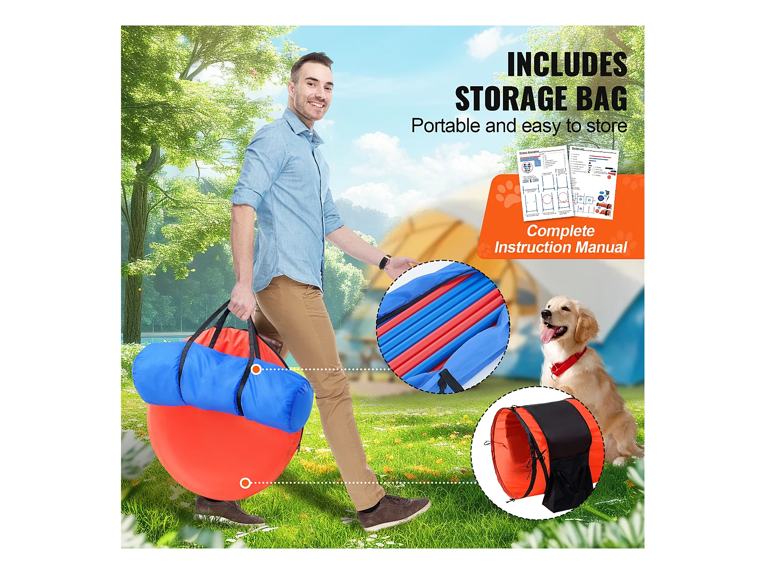 Kit d'Agilité, SucceBuy Équipement d'Entraînement d'Agilité pour Chien, Ensemble de 7 Pièces Amélioré avec Haies Hautes Réglables, 6 Poteaux de Tissage, 2 Tunnels