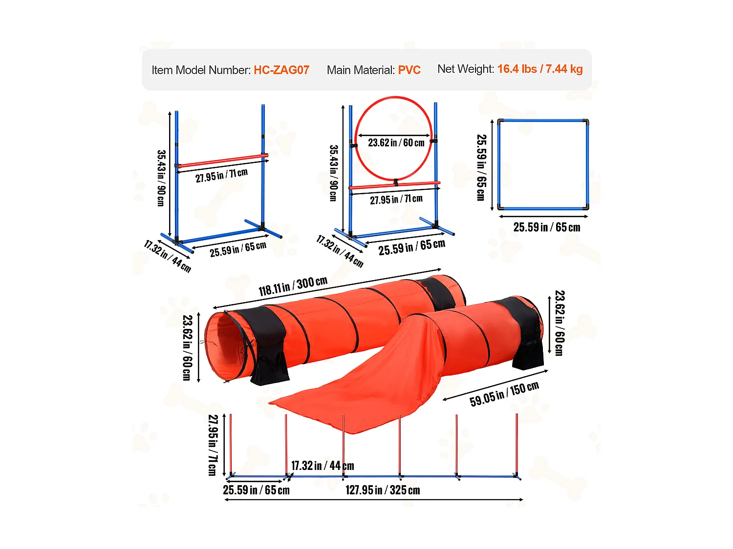 Kit d'Agilité, SucceBuy Équipement d'Entraînement d'Agilité pour Chien, Ensemble de 7 Pièces Amélioré avec Haies Hautes Réglables, 6 Poteaux de Tissage, 2 Tunnels