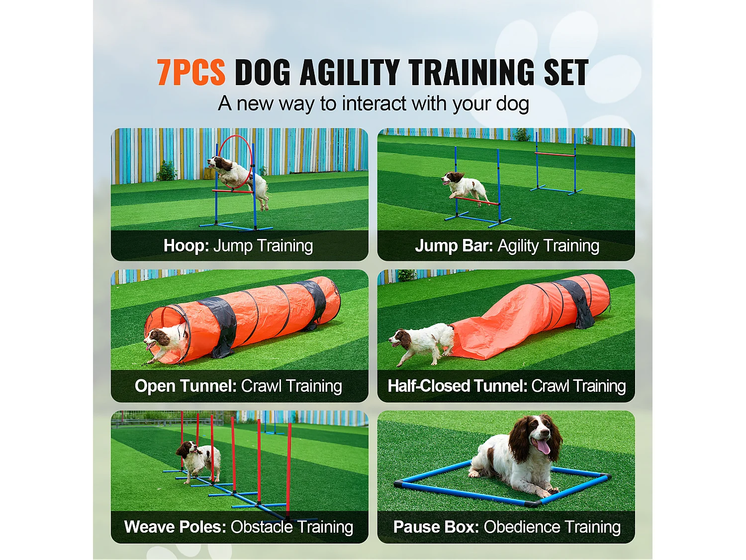 Kit d'Agilité, SucceBuy Équipement d'Entraînement d'Agilité pour Chien, Ensemble de 7 Pièces Amélioré avec Haies Hautes Réglables, 6 Poteaux de Tissage, 2 Tunnels