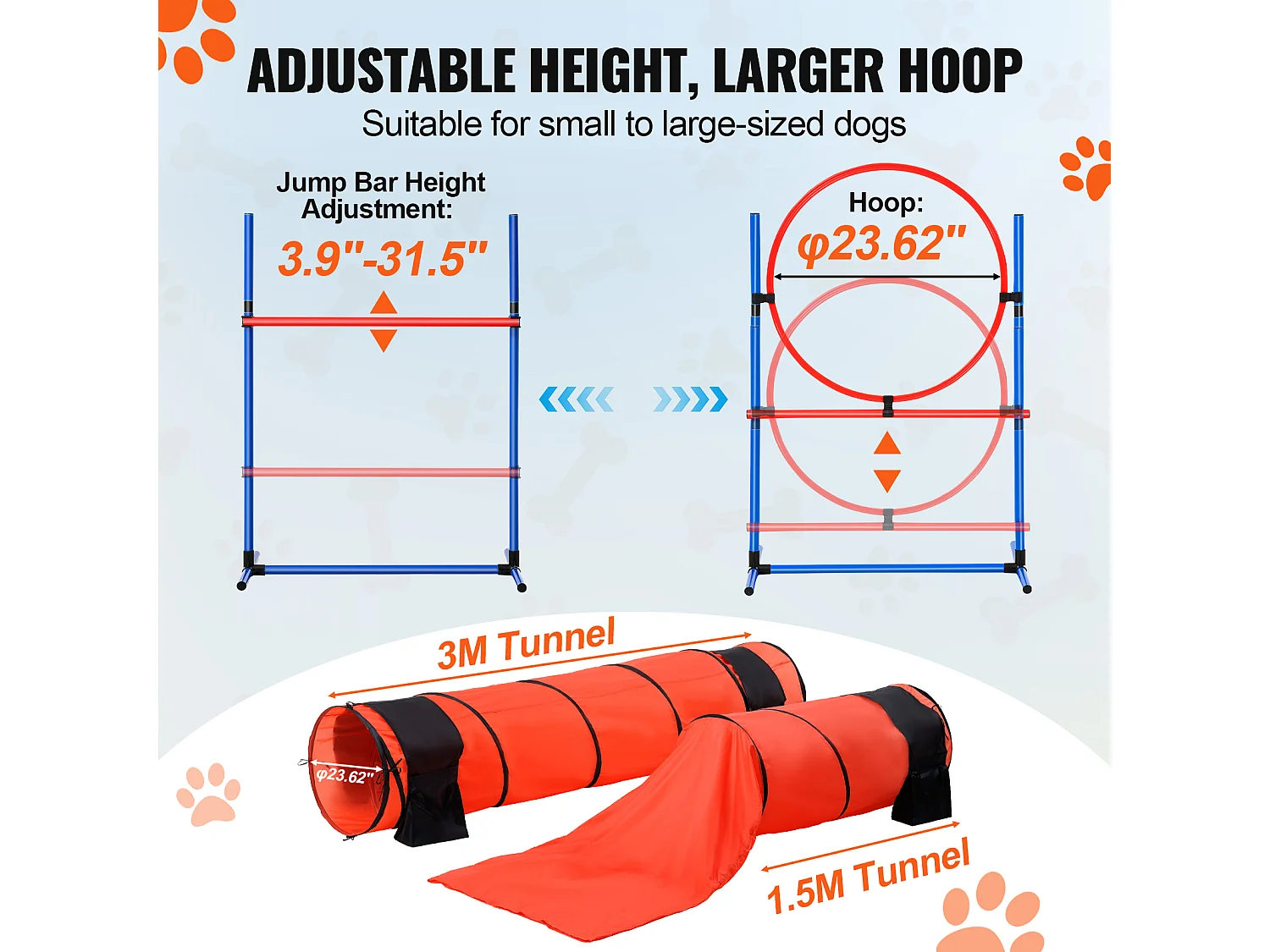 Kit d'Agilité, SucceBuy Équipement d'Entraînement d'Agilité pour Chien, Ensemble de 7 Pièces Amélioré avec Haies Hautes Réglables, 6 Poteaux de Tissage, 2 Tunnels
