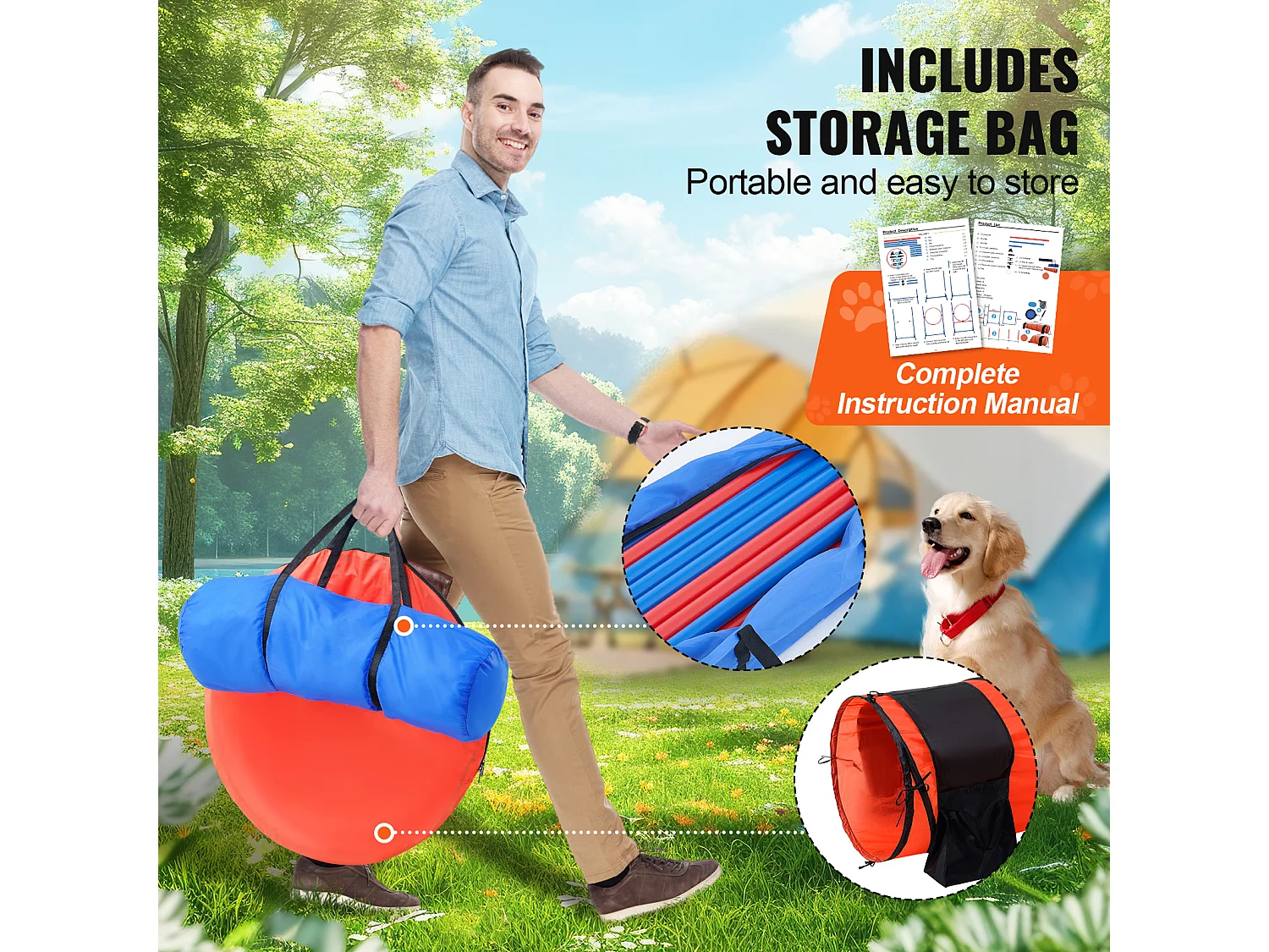 Kit d'Agilité, SucceBuy Équipement d'Entraînement d'Agilité pour Chien, Ensemble de 7 Pièces Amélioré avec Haies Hautes Réglables, 6 Poteaux de Tissage, 2 Tunnels