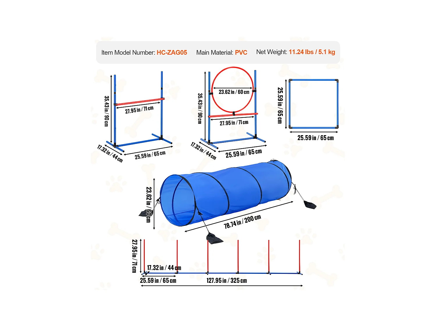 Kit d'Agilité, SucceBuy Dog Agility Training Equipment, Ensemble de 5 Pièces avec Tunnel de Haies et Cercau de Saut