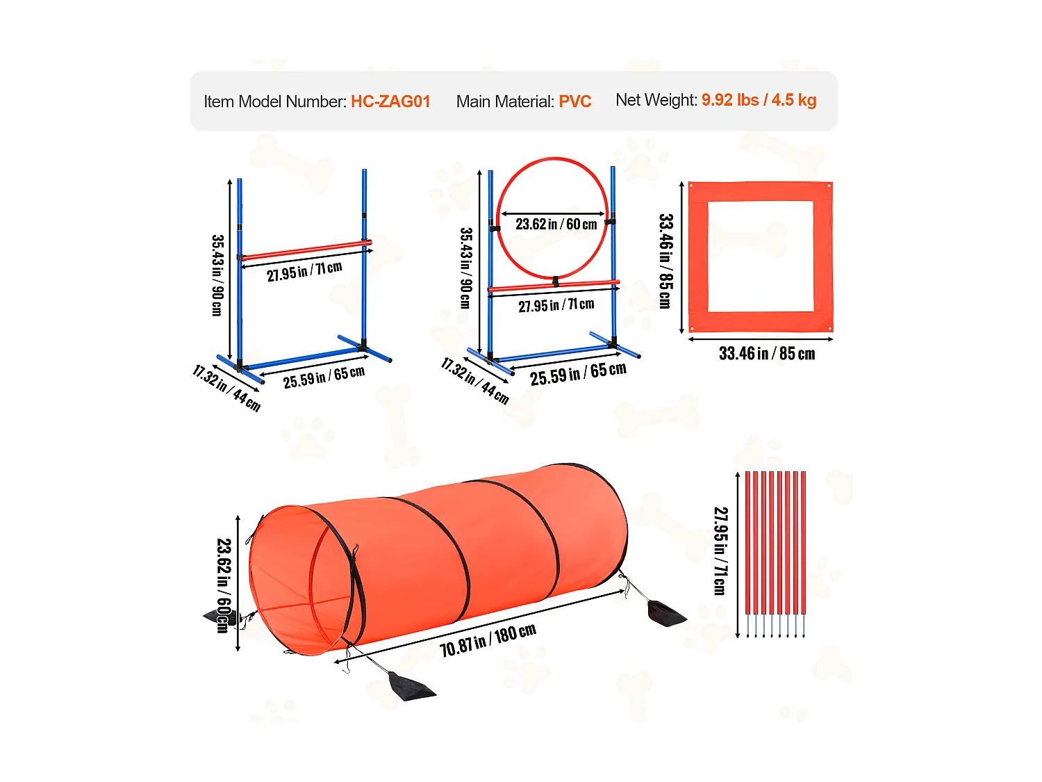 Kit d'Agilité, SucceBuy Dog Agility Training Equipment, Ensemble Combiné de 5 Pièces avec Tunnel de Clôture