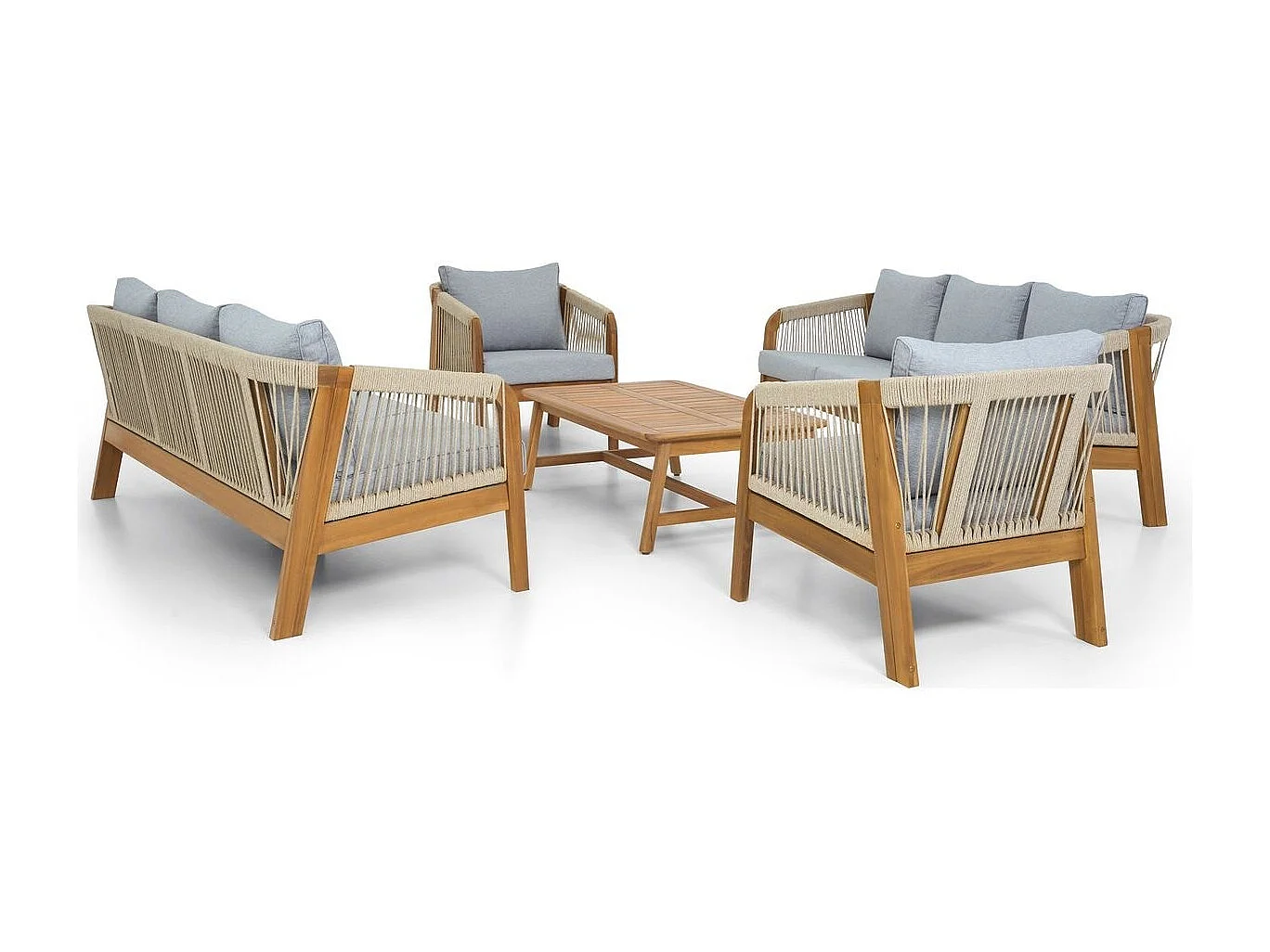 Salon de jardin 8 places en bois FSC - 2 Canapés 3 pl., 2 fauteuils et table basse - gris chiné - Symi