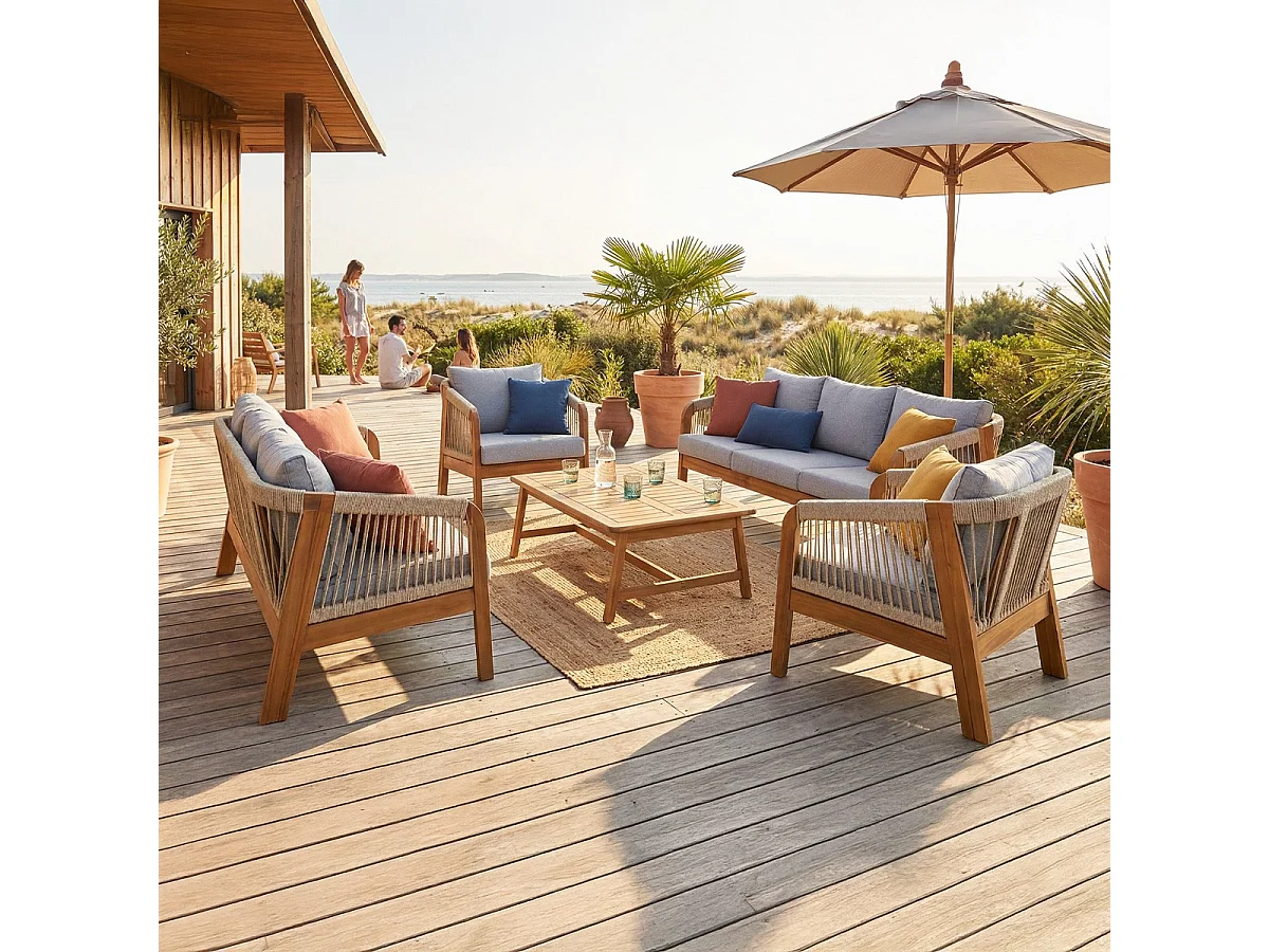 Salon de jardin 8 places en bois FSC - 2 Canapés 3 pl., 2 fauteuils et table basse - gris chiné - Symi