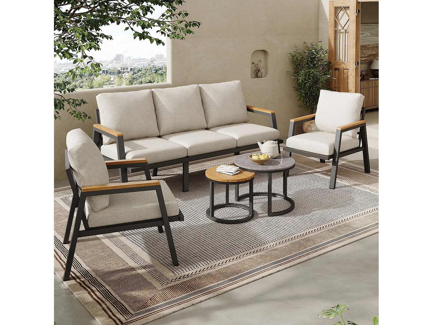 Salon de jardin cadre en acier galvanisé - canapé 3 places, 2 fauteuils et 2 table basses