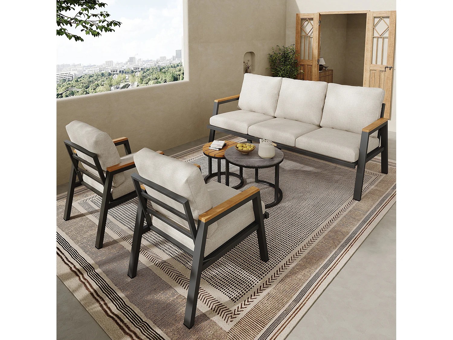 Salon de jardin cadre en acier galvanisé - canapé 3 places, 2 fauteuils et 2 table basses