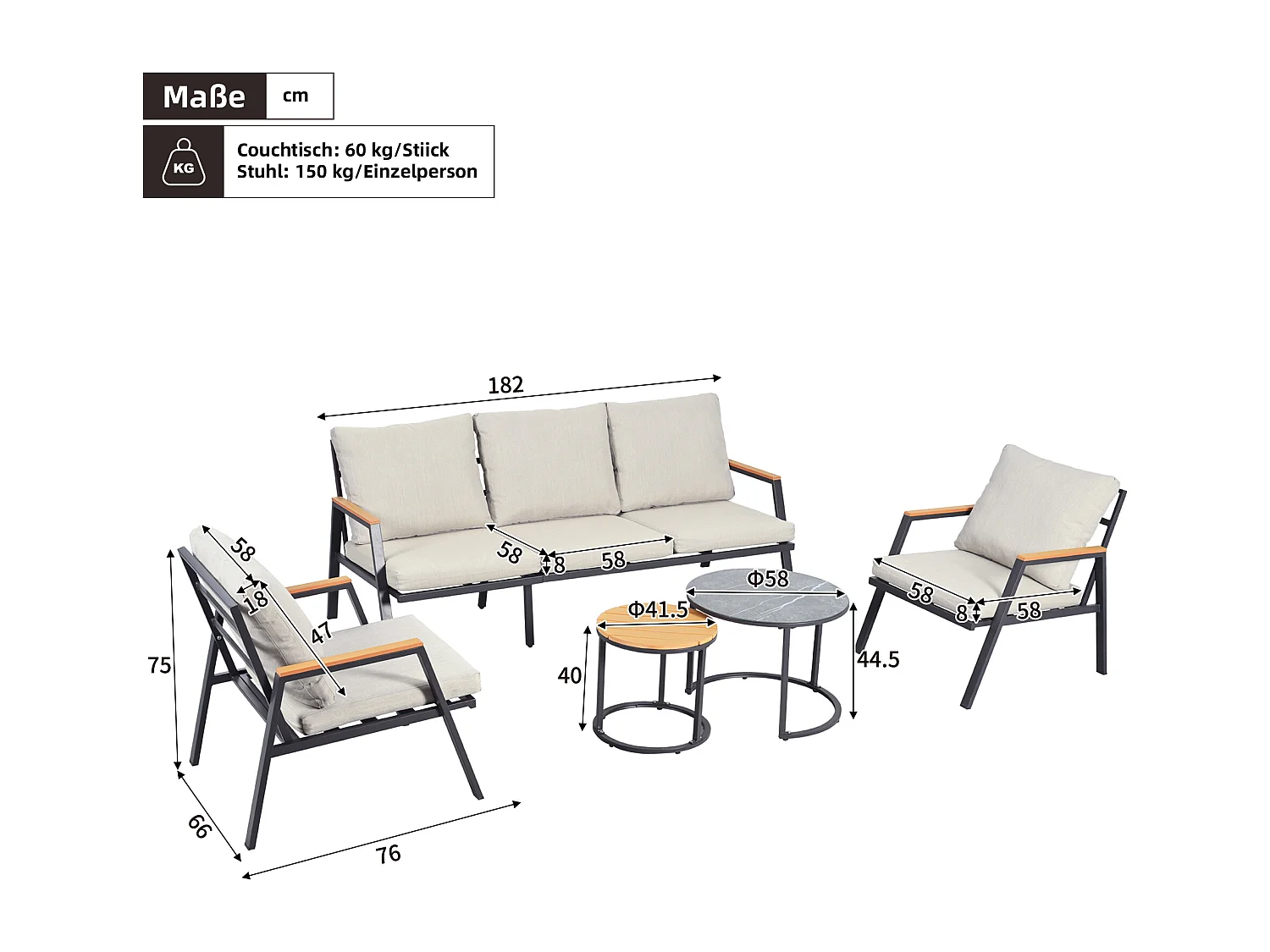 Salon de jardin cadre en acier galvanisé - canapé 3 places, 2 fauteuils et 2 table basses