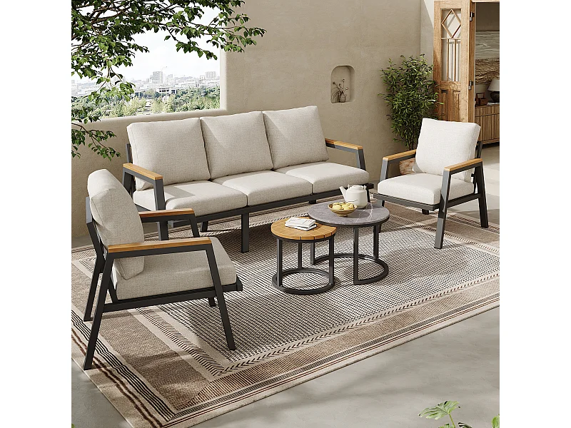 Salon de jardin cadre en acier galvanisé - canapé 3 places, 2 fauteuils et 2 table basses