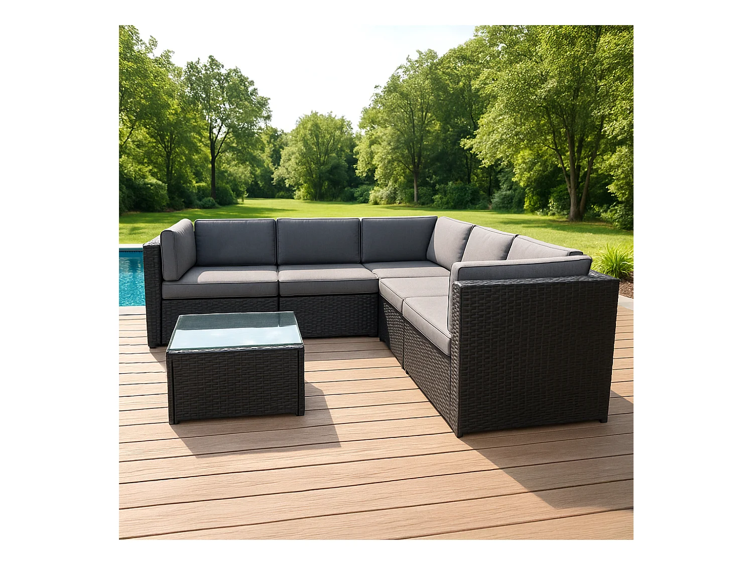 Salon de jardin 5 places en résine tressée avec table noir et gris BIMINI