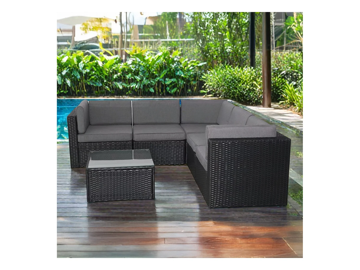 Salon de jardin 5 places en résine tressée avec table noir et gris BIMINI