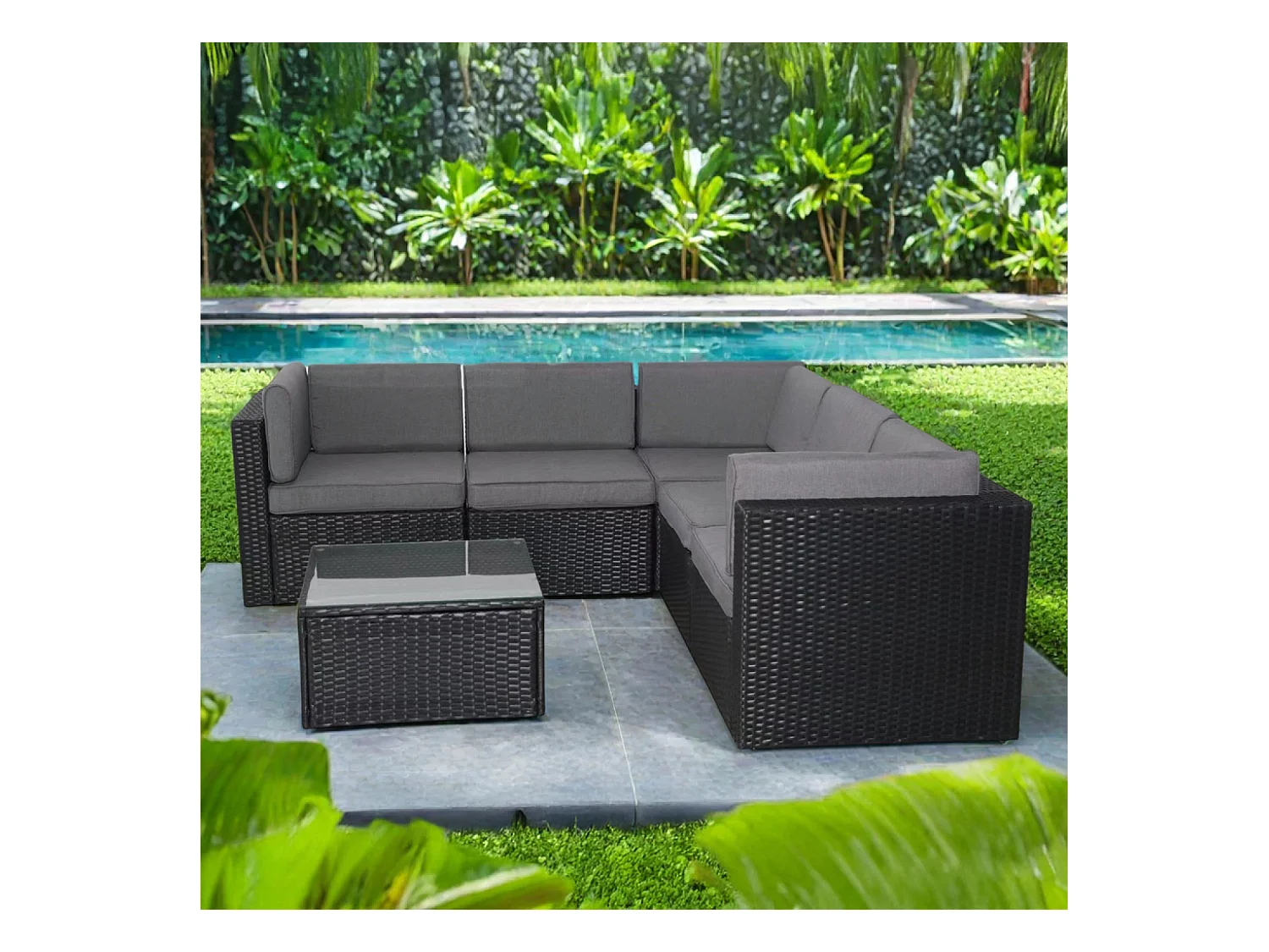 Salon de jardin 5 places en résine tressée avec table noir et gris BIMINI