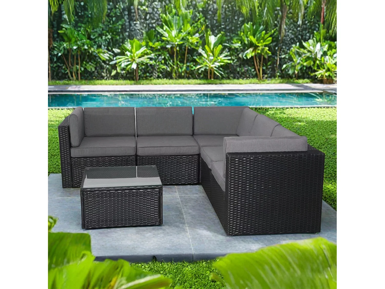 Salon de jardin 5 places en résine tressée avec table noir et gris BIMINI